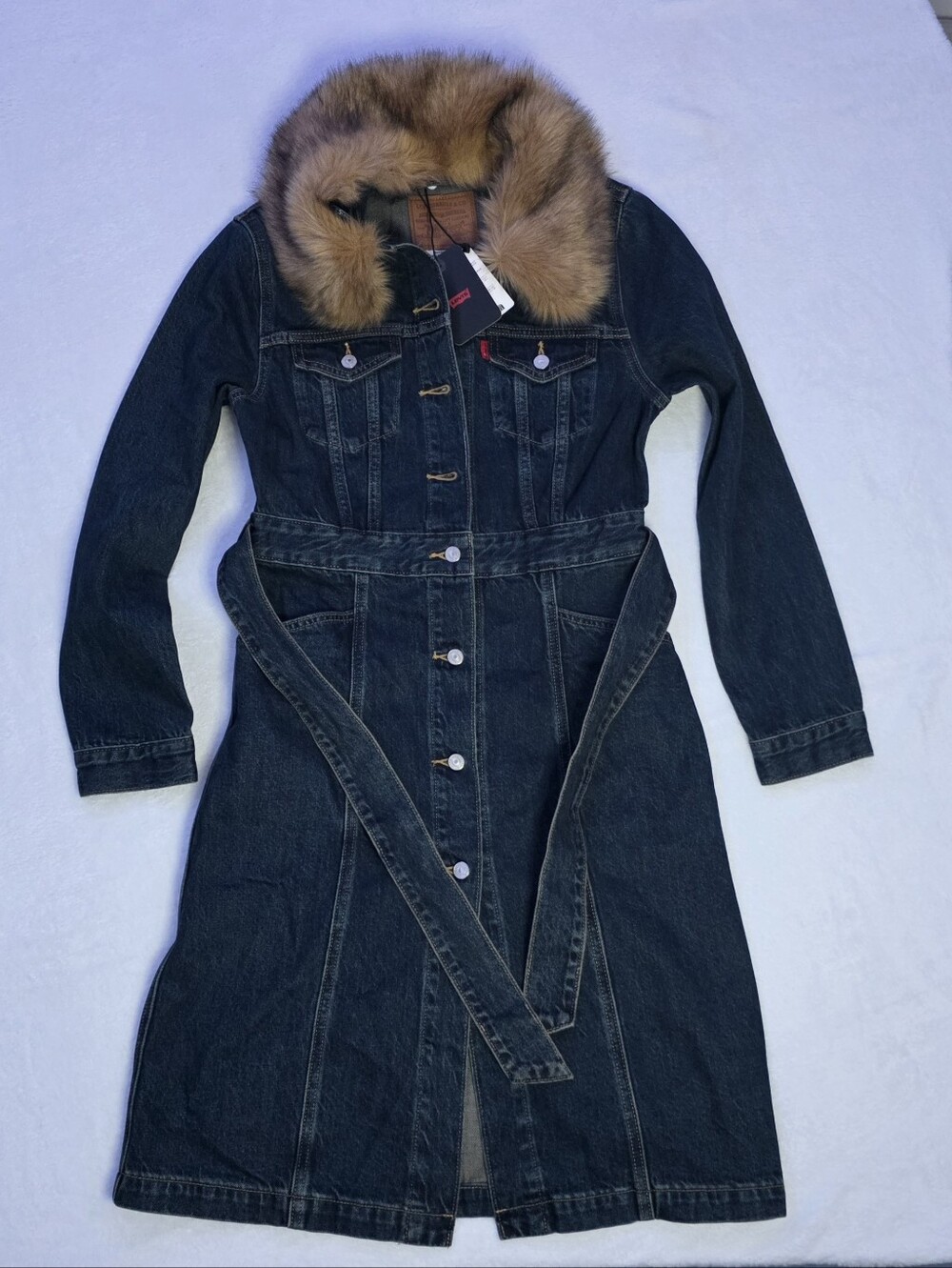 Levi's Mob Wife Belted Denim Coat Trucker jacket Faux fur XS